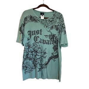 Just Cavalli Green Black Designer Print lightweight T-Shirt sz 54=XL